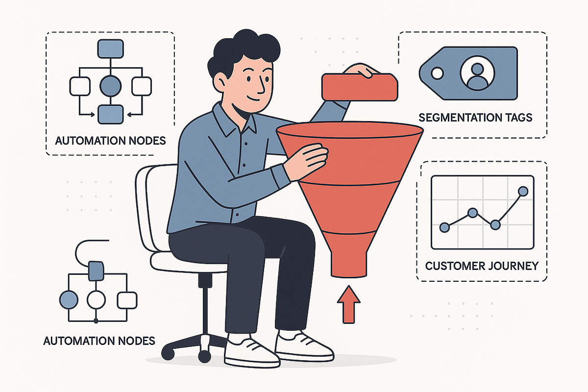 “Illustration of a marketer designing an automated funnel with tags and segmentation nodes.”
