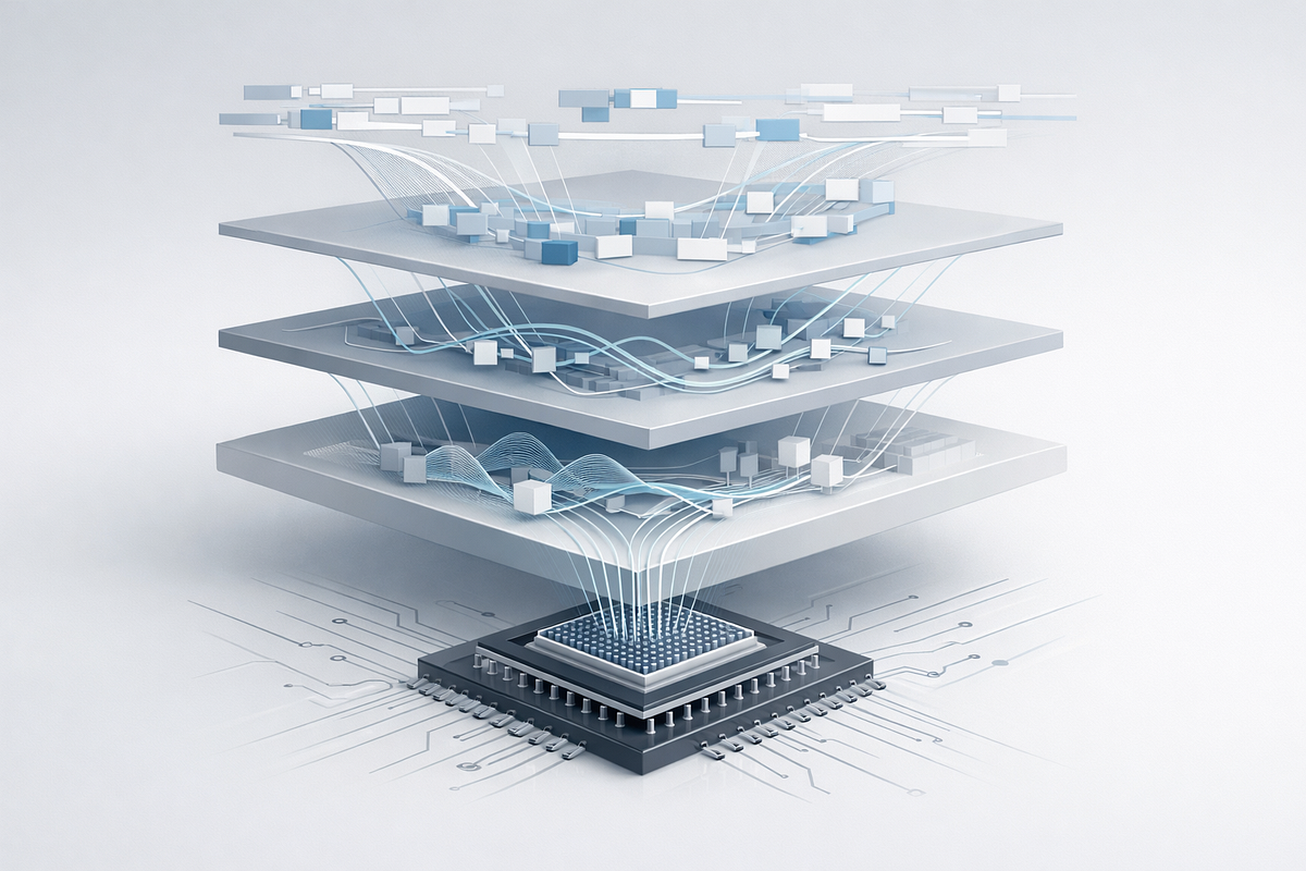 Abstract visualization of a quantum software stack showing compilation and orchestration layers interacting with quantum hardware.