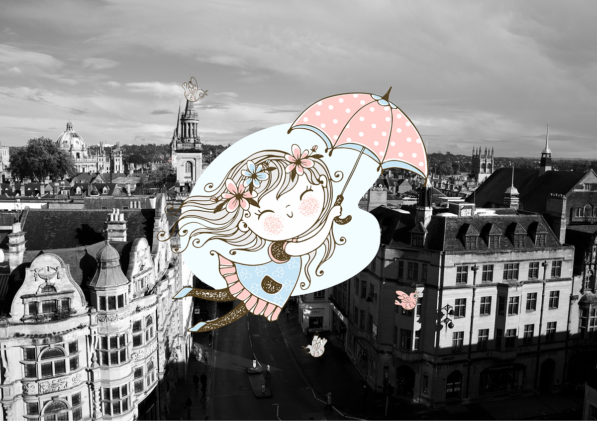 A black and white photo of Oxford with a cartoon girl flying with an umbrella