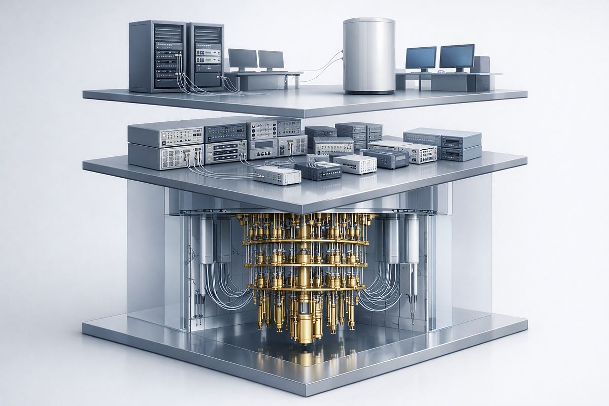 Layered visualization of a quantum computing system stack from physical qubits and control hardware to software and hybrid orchestration.