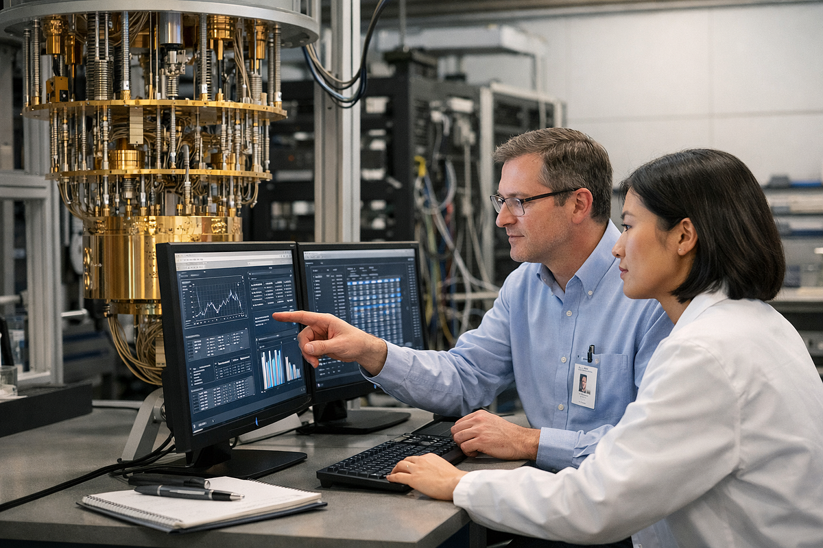 Engineers monitoring a quantum computing experiment in a laboratory, representing steady and careful technological progress.
