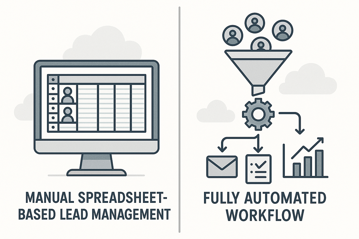 Before-and-after graphic comparing manual lead management to automated workflows.