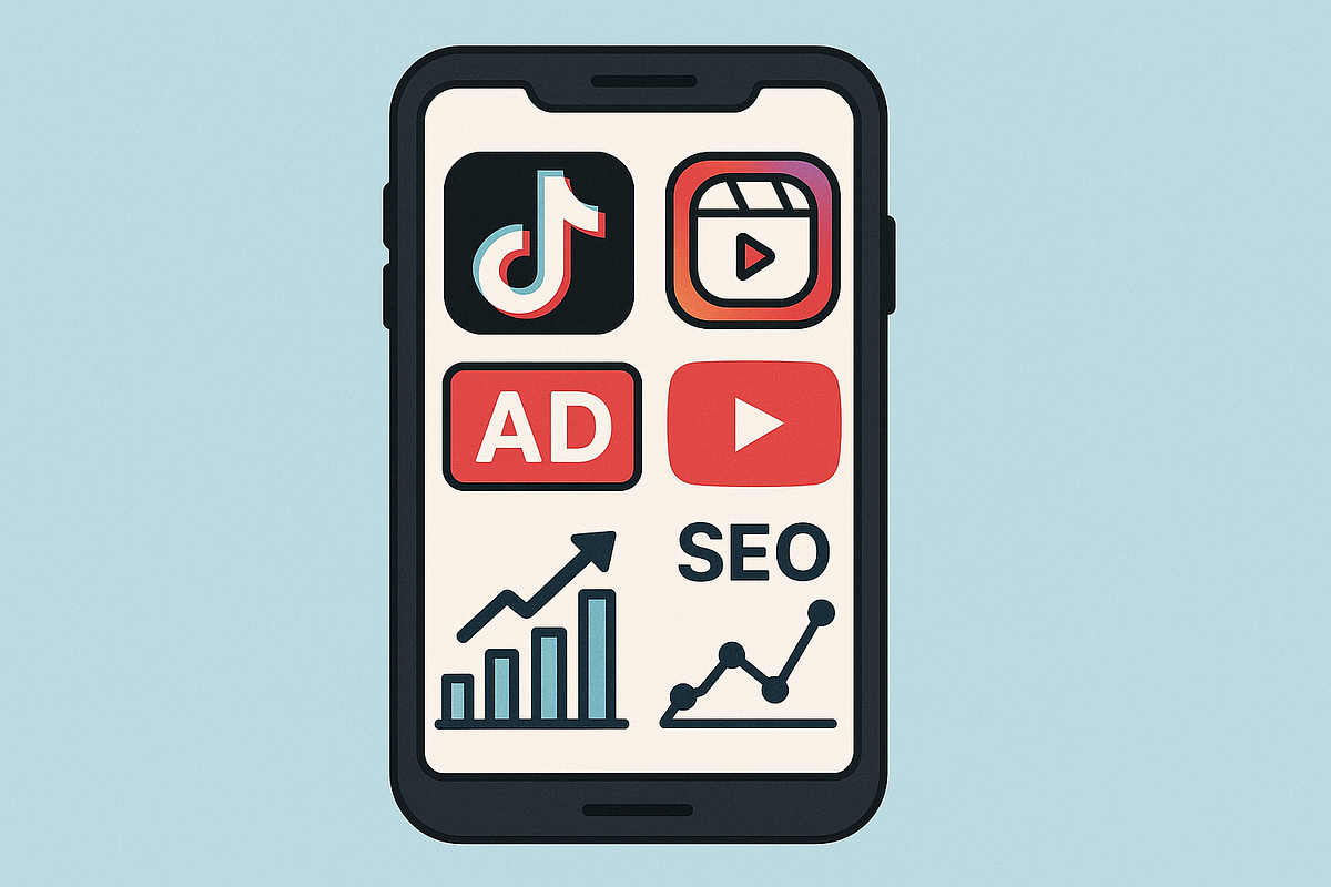 “Traffic generation illustration with social platforms, SEO, and analytics.”