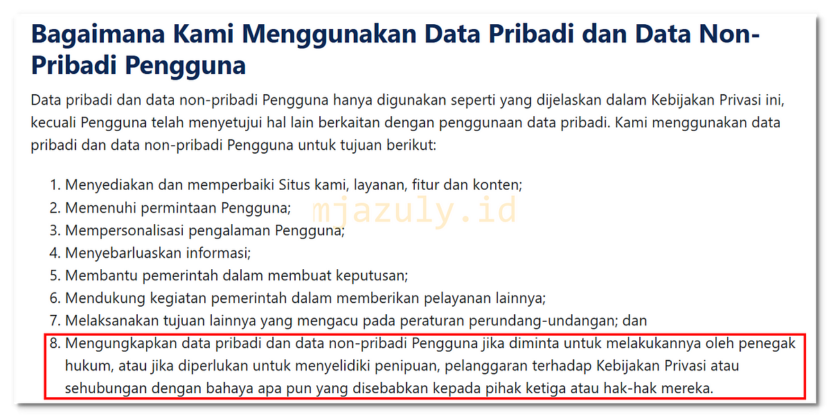 Bagaimana Kami Menggunakan Data Pribadi dan Data Non-Pribadi Pengguna