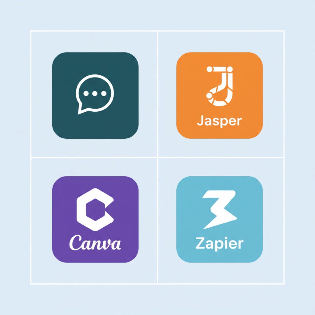 “Grid of popular AI tools used for writing, automation, video creation, and selling products.”