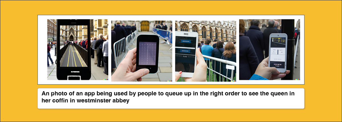 A yellow background with 4 images of an app being used in a queue outside Westminster abbey