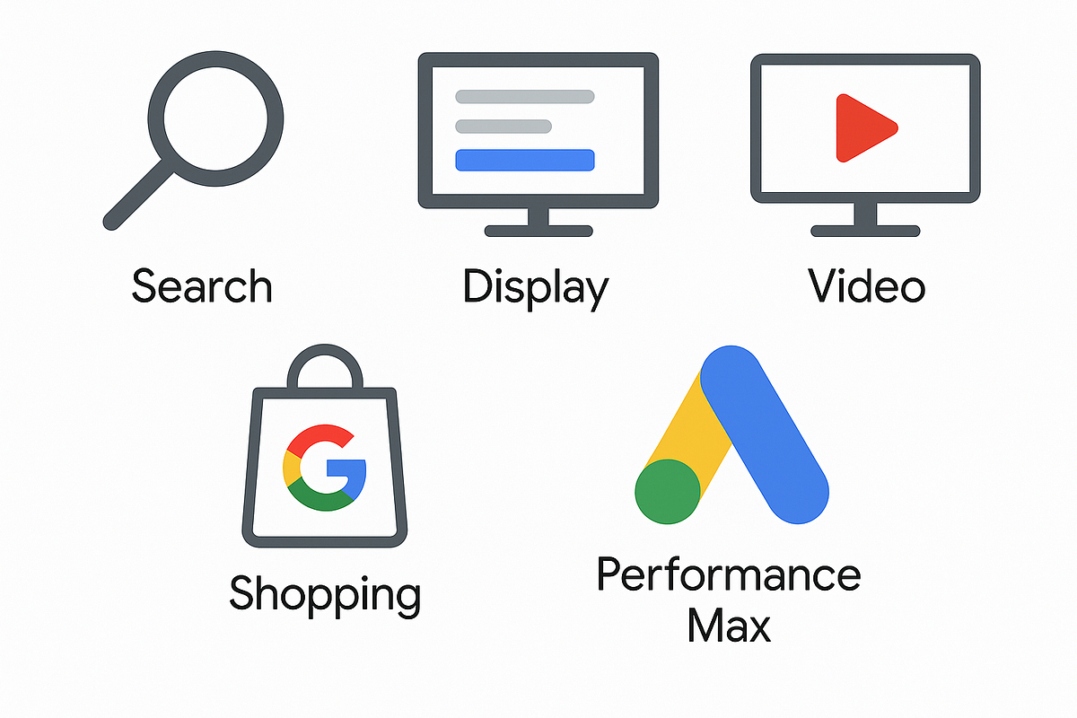 Visual chart showing different Google Ads campaign types including Search, Display, Video, Shopping, and Performance Max.
