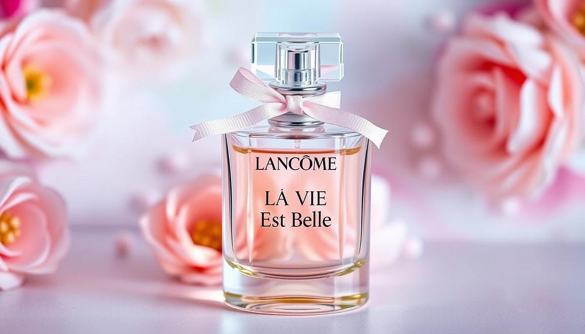 A luxurious perfume bottle of Lancôme La Vie Est Belle, elegantly designed with a crystal-clear glass structure, featuring a delicate ribbon around the neck, set against a soft, dreamy background of pastel colors and floral accents, evoking a sense of timeless beauty and sophistication.