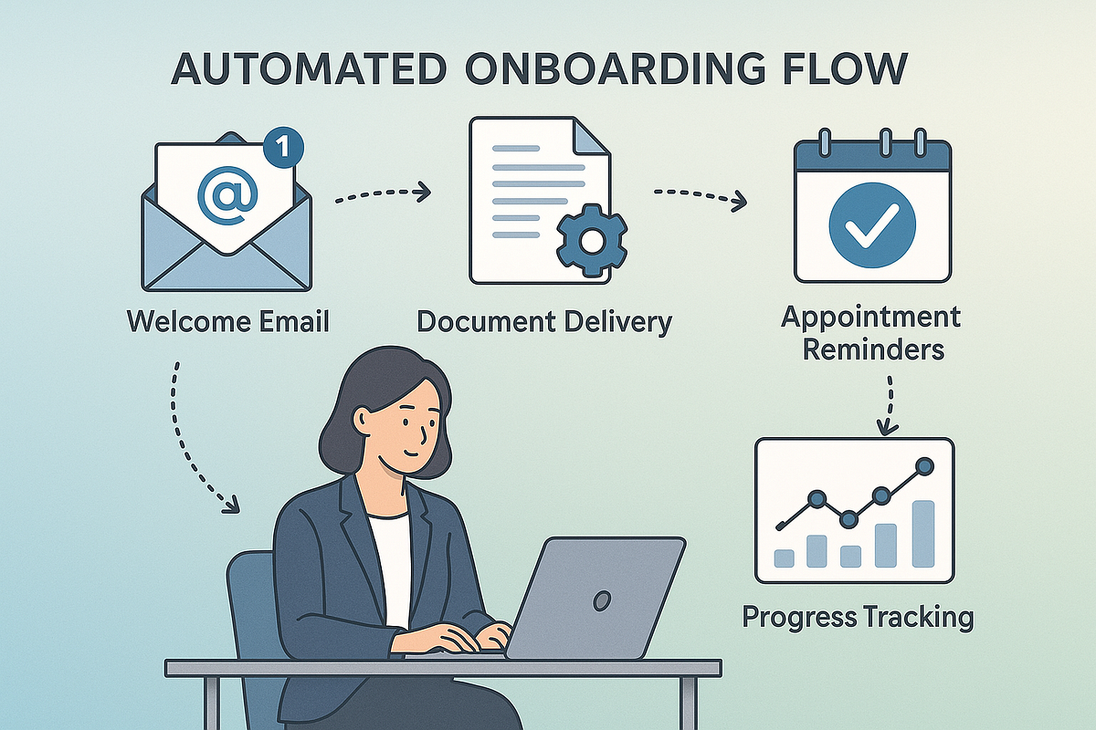 “Graphic representing an automated onboarding system delivering resources and reminders.”