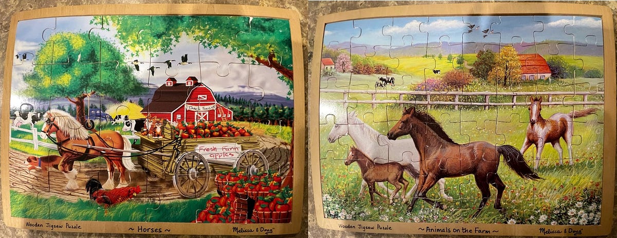 Photo of two puzzles of a barn/farm scene and 3 horses, respectively