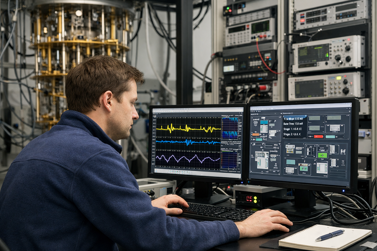 Engineer monitoring and calibrating a quantum computing system in a laboratory environment.