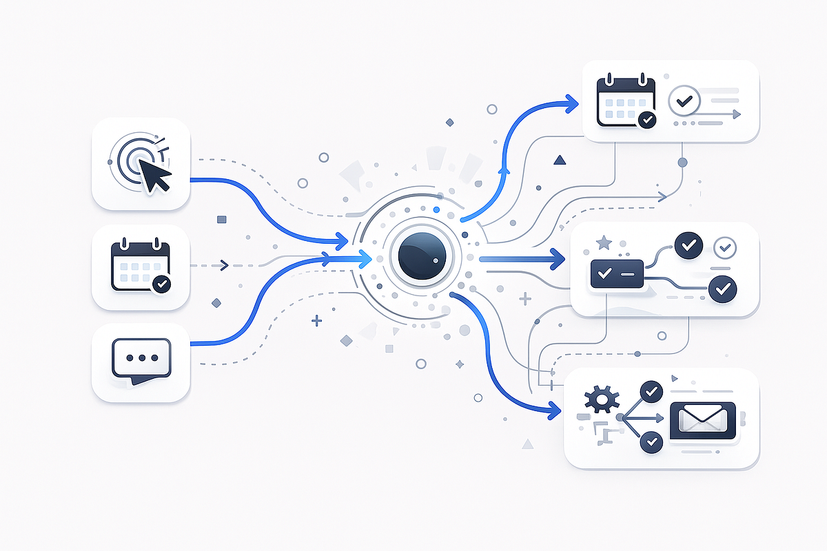 Illustration of event-driven email automation reacting to subscriber behavior in real time.
