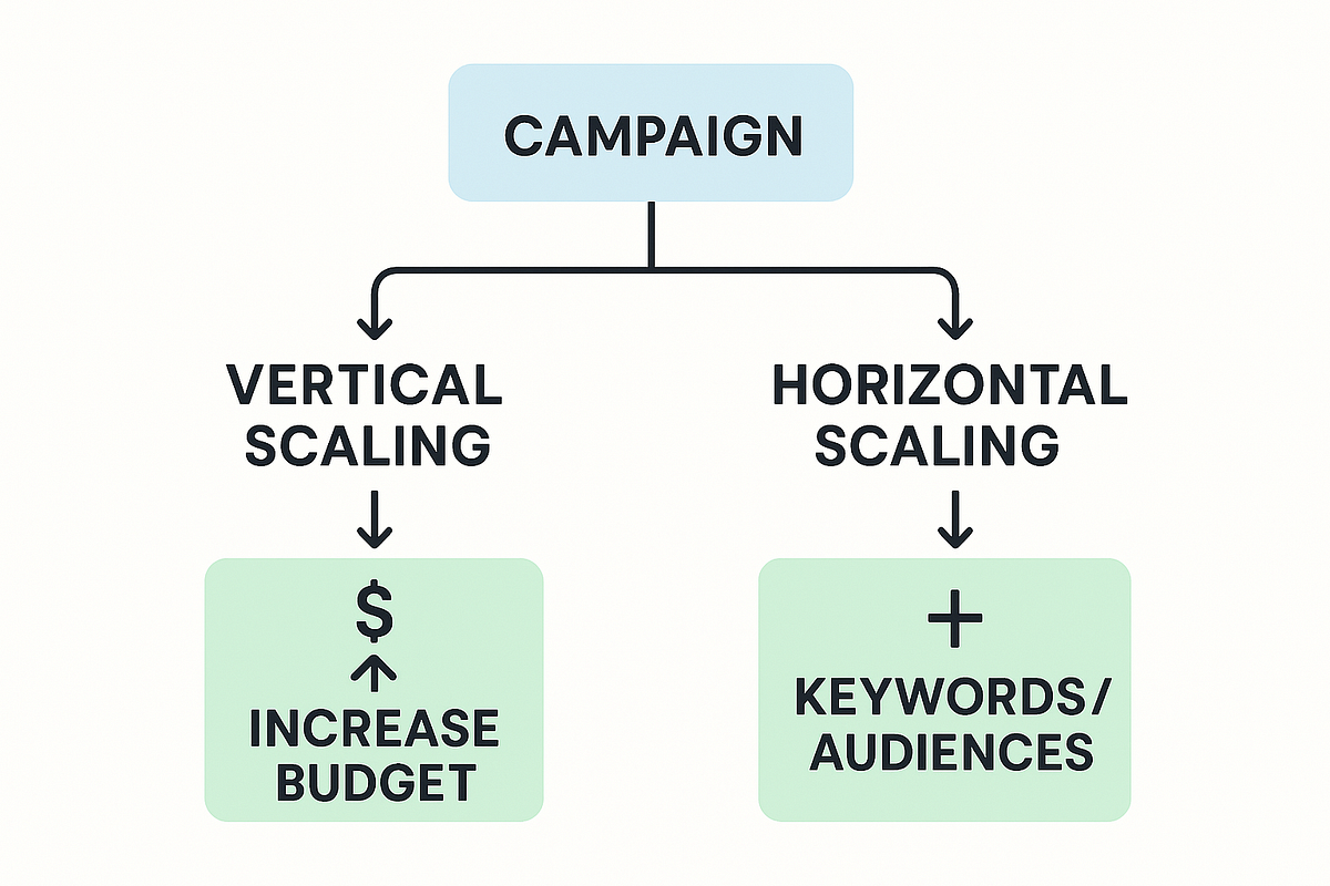 Flowchart explaining vertical and horizontal scaling methods for Google Ads PPC campaigns.
