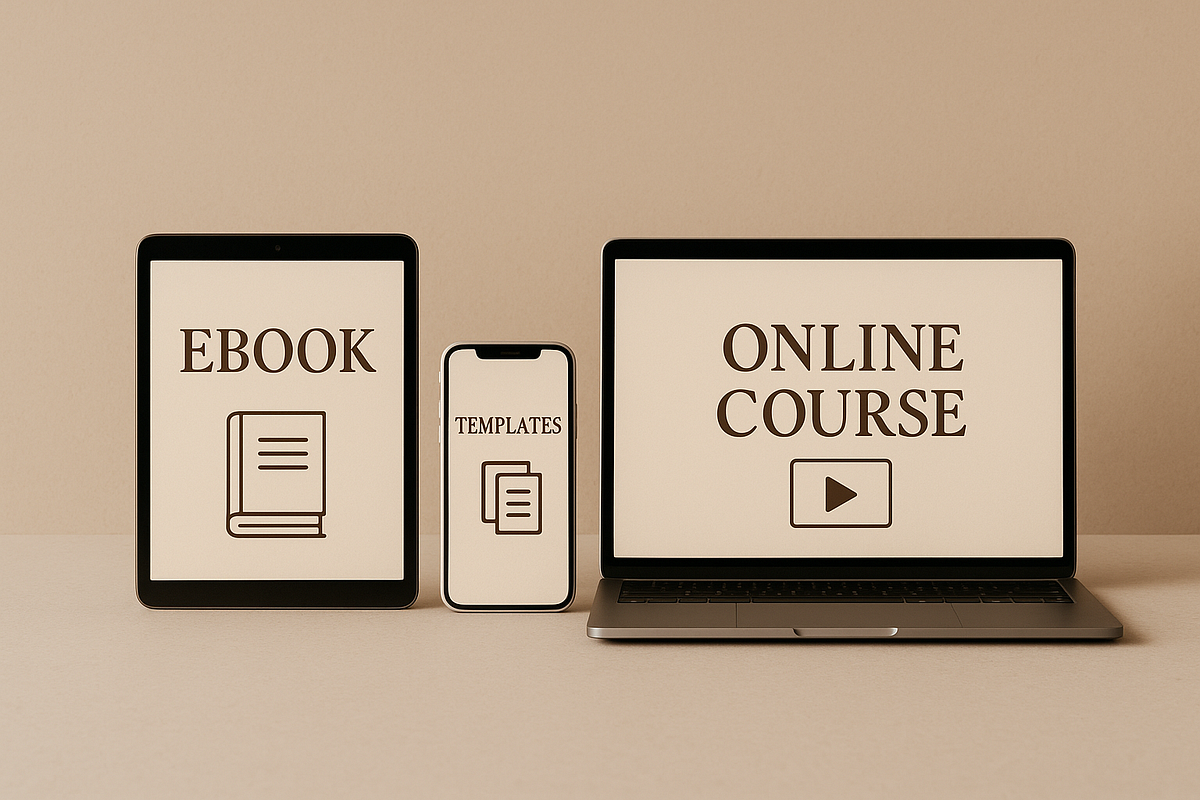"Mockup of digital products including ebooks, templates, and mini-courses."