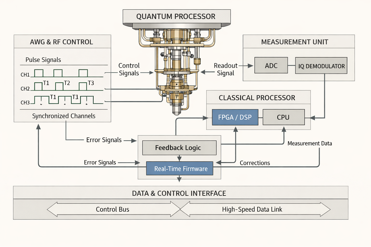 Illustration of quantum control electronics and real-time firmware managing synchronized signals and feedback loops.