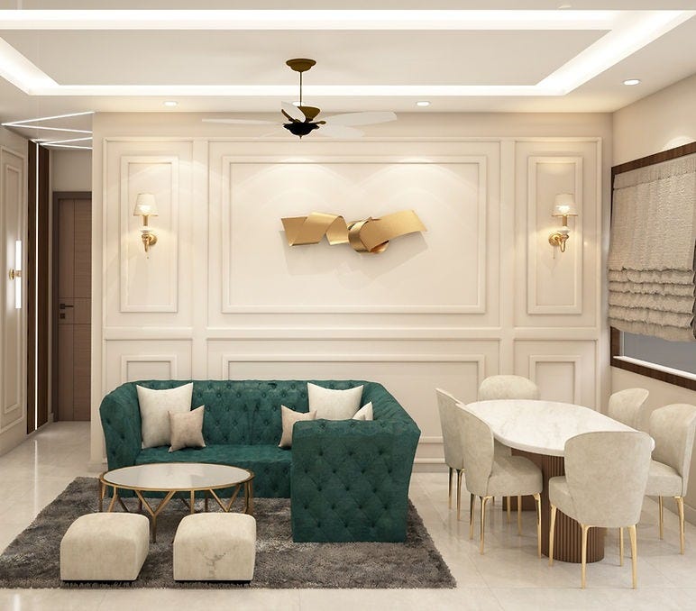 A luxurious living and dining area with elegant wall paneling, a tufted green velvet sofa, marble-top dining table, and gold-accented decor — a signature creation by ArchitectsHive, the best interior designer in Gurugram. This stylish space showcases the refined work of an interior designer in Gurugram, with timeless detailing by top interior decorators in Gurugram, perfect for sophisticated urban living.