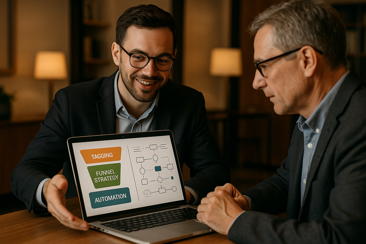 Consultant and client discussing a funnel strategy with tag-based automation displayed on a laptop.