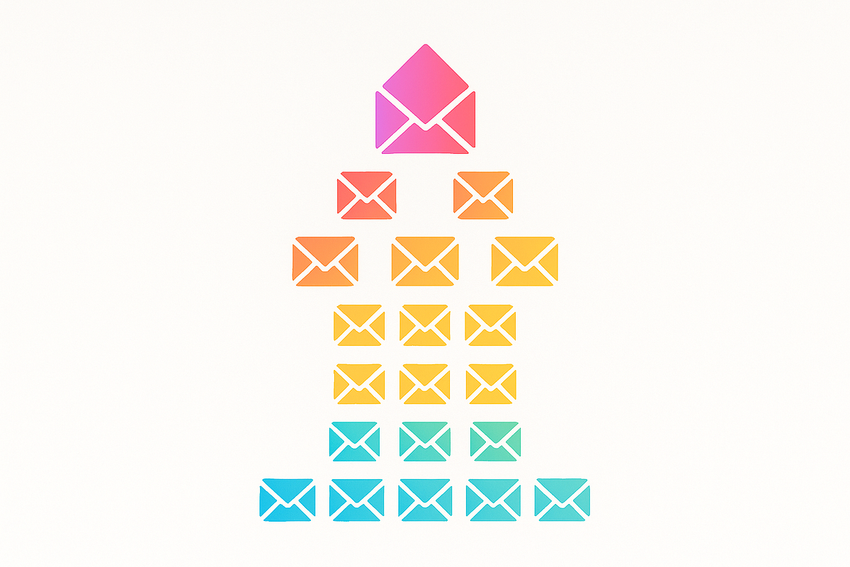 Abstract graphic showing email icons forming an upward arrow to represent business growth.
