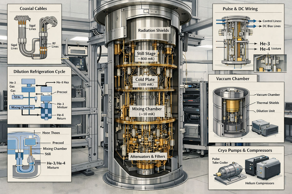 Dilution refrigerator used to cool superconducting qubits to millikelvin temperatures in a quantum computing system.