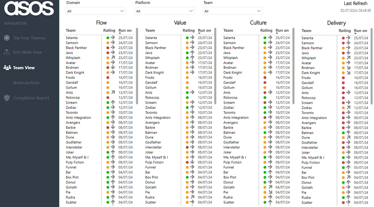 A screenshot of all the team self-assessment results on one page