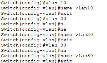 These are the commands which are used to create three vlans and name assigning in switch.