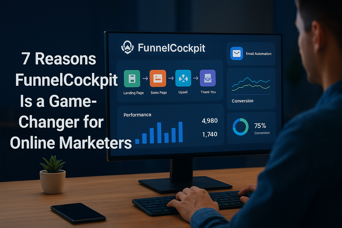 “Digital marketer using FunnelCockpit dashboard to build and optimize sales funnels on a modern workspace screen.”