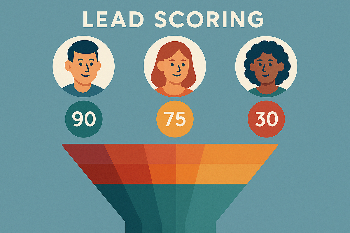 Lead scoring graphic showing engagement levels and qualification stages.