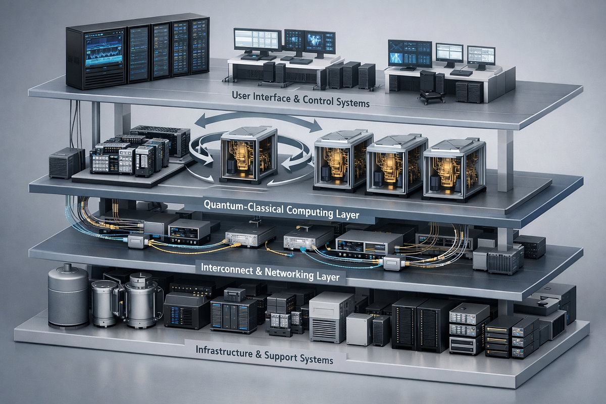 Modular quantum computing architecture showing interconnected quantum modules integrated with classical systems.