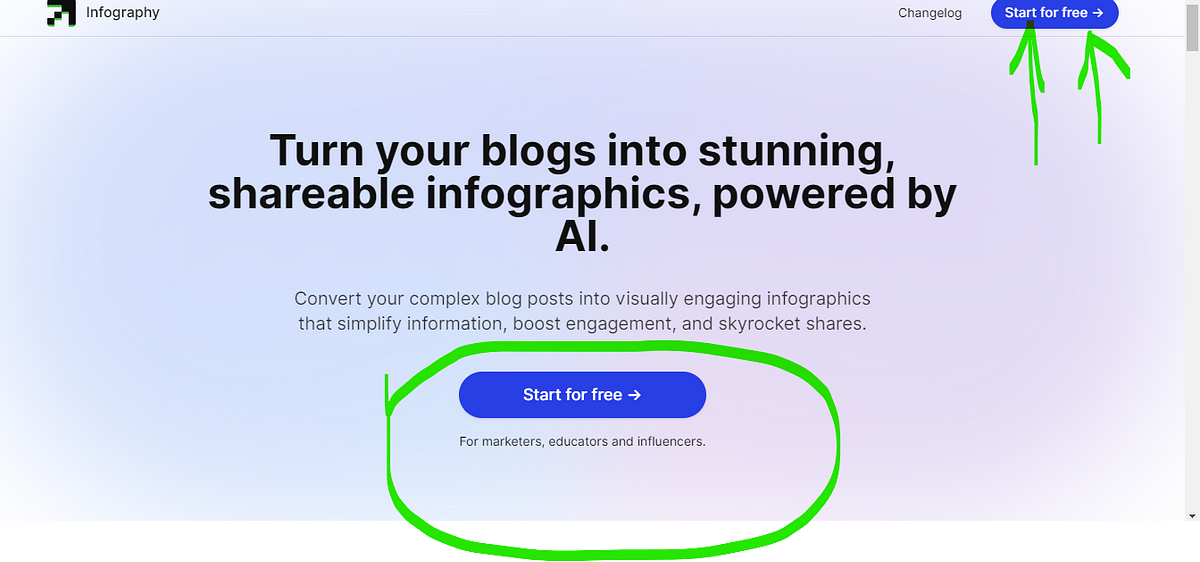 infography. start button in blue circled with green and turn your blog into stunning, shareable, infographics, powered by AI.