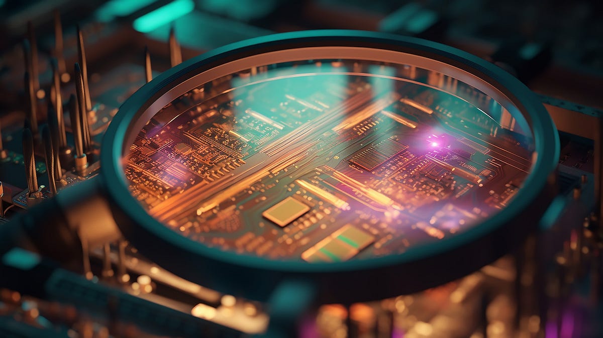 A magnifying glass over a motherboard of a computer showing the detail of the computerchips inside.