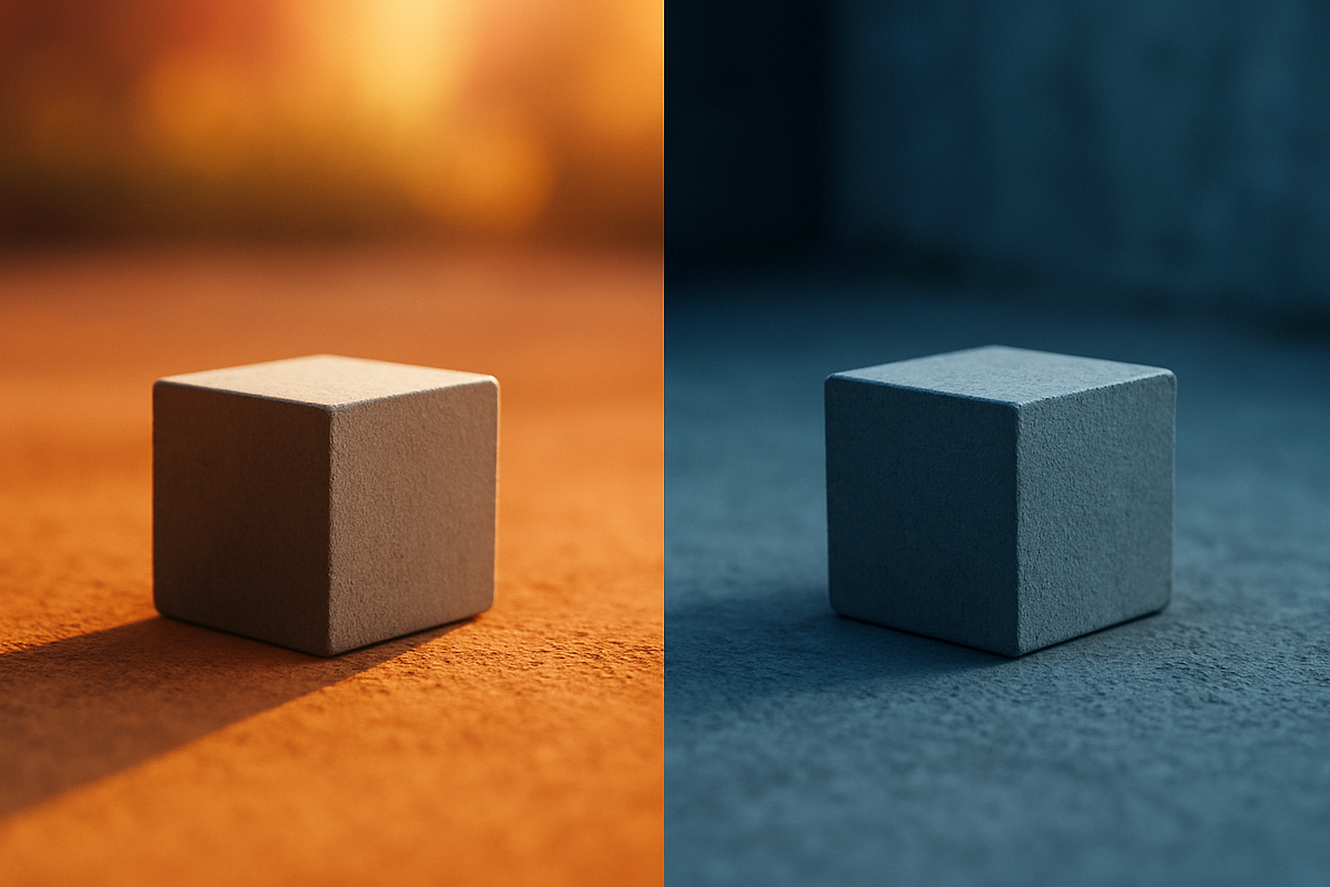 Two identical cubes placed side by side — one lit by warm orange light, the other by cool blue light — illustrating how the same object appears different depending on lighting and context.