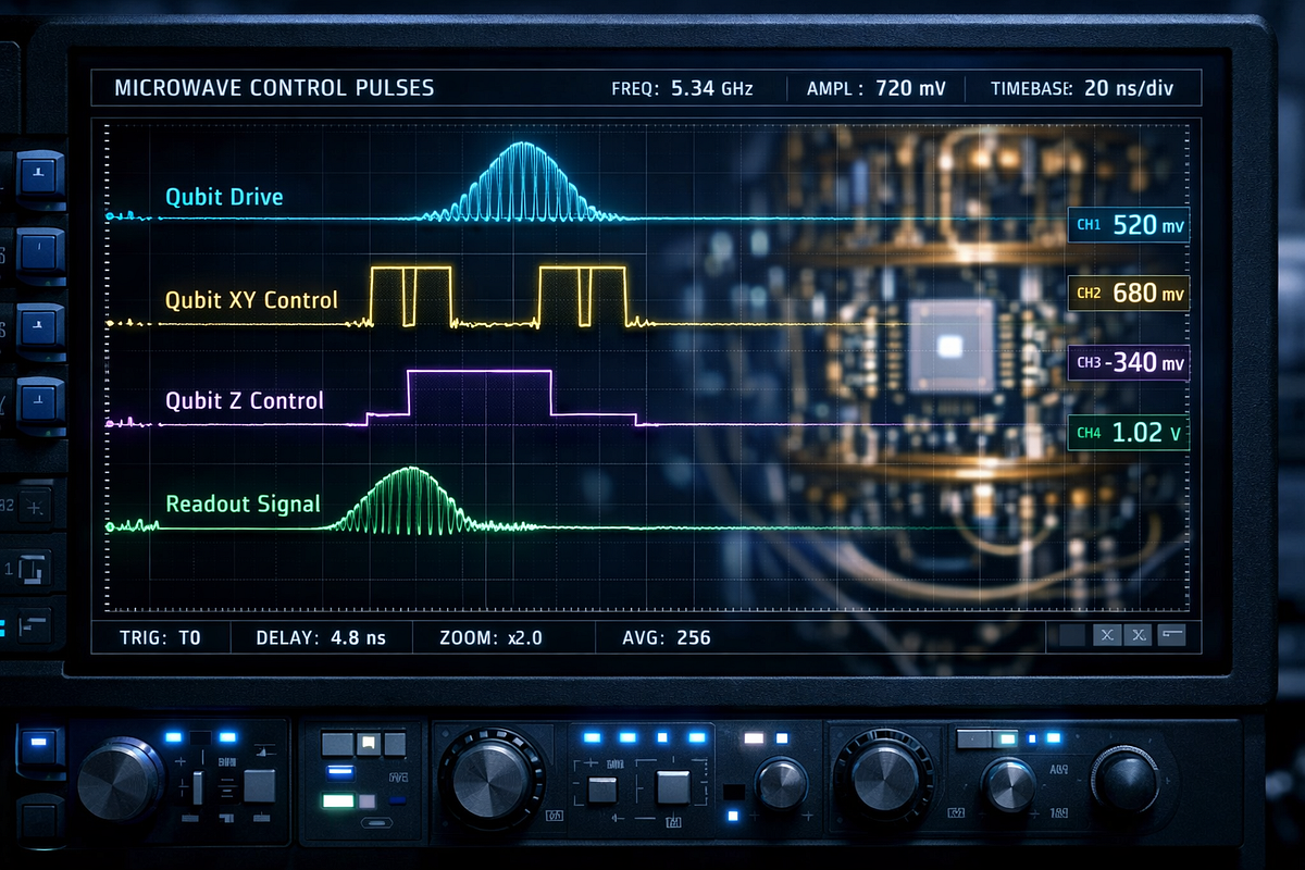 Microwave control pulse waveforms used to operate qubits displayed on laboratory instrumentation.