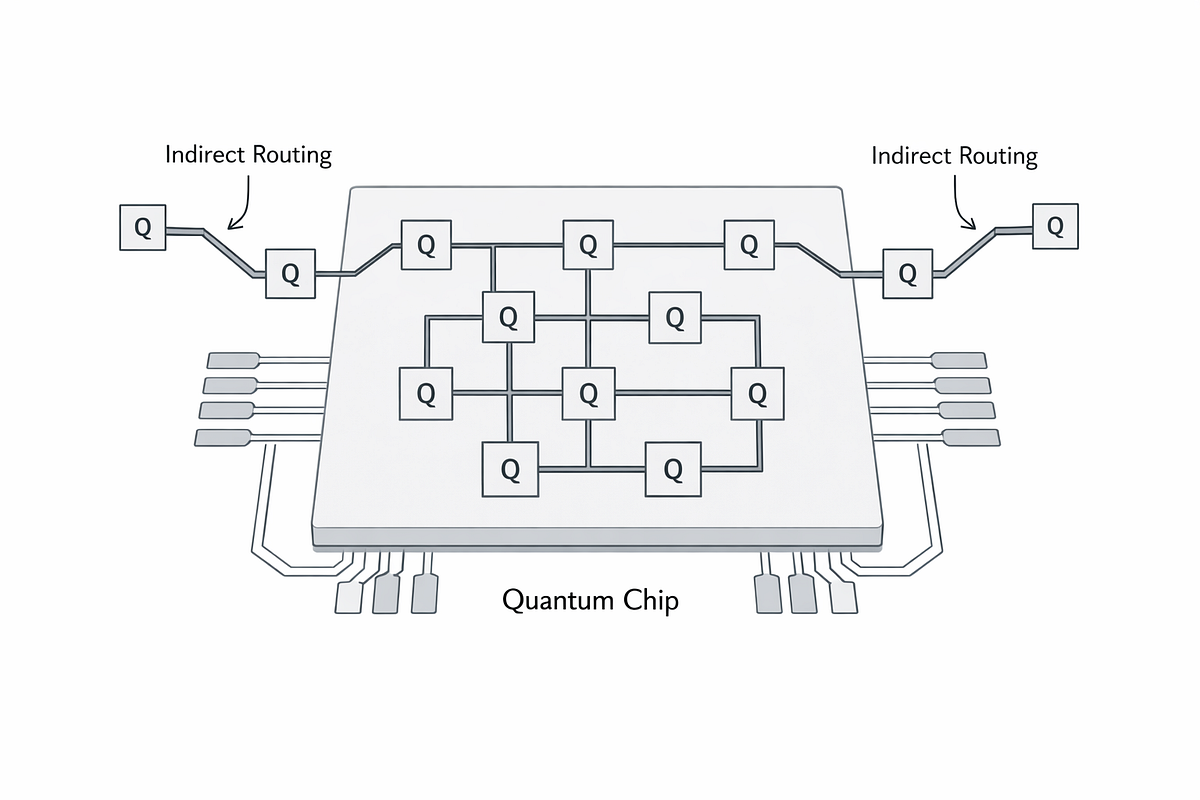 Quantum processor layout illustrating limited qubit connectivity and the need for additional routing operations in real hardware.