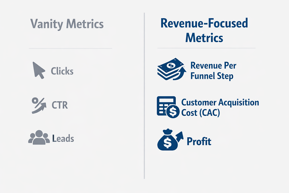 Comparison of vanity marketing metrics versus revenue-focused funnel performance metrics.
