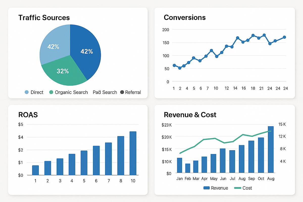 Digital marketing analytics dashboard with key performance metrics.