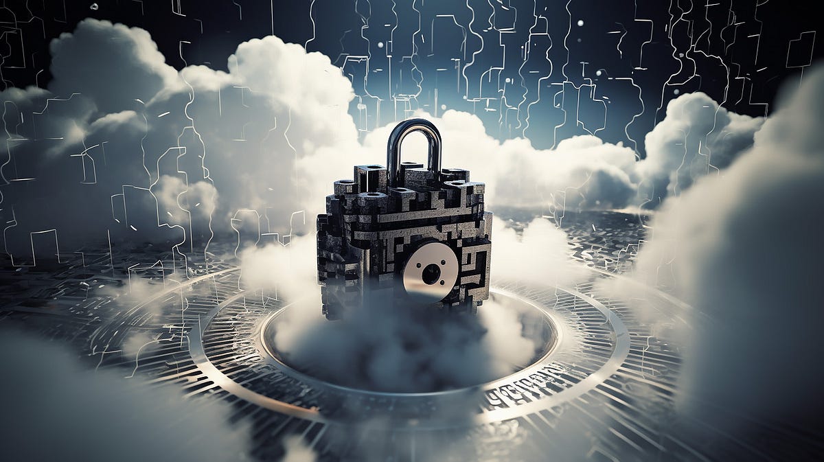 An image of a futuristic big lock surrounded by clouds