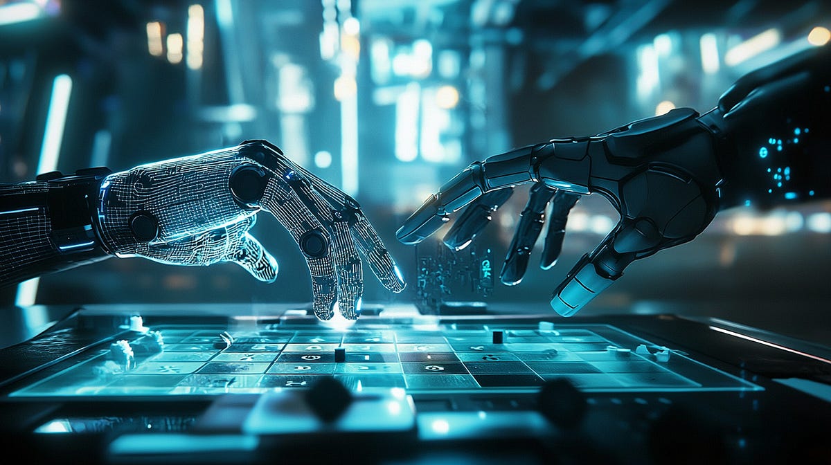 Two robotic hands playing a futuristic board game, representing AI strategy and intelligence in a neon-lit, high-tech environ