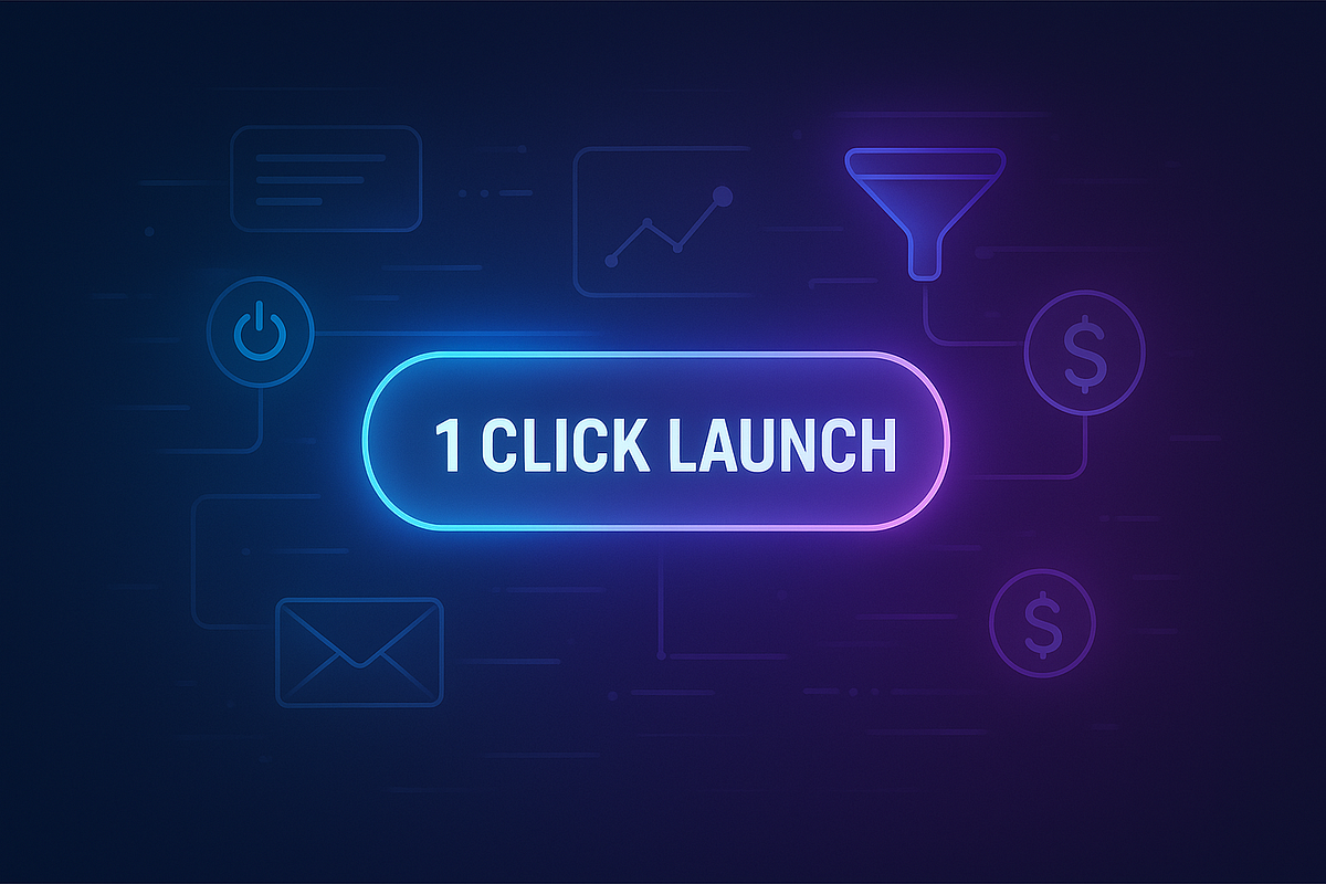 “Digital dashboard showing automated business tools with a glowing 1-click launch button.”