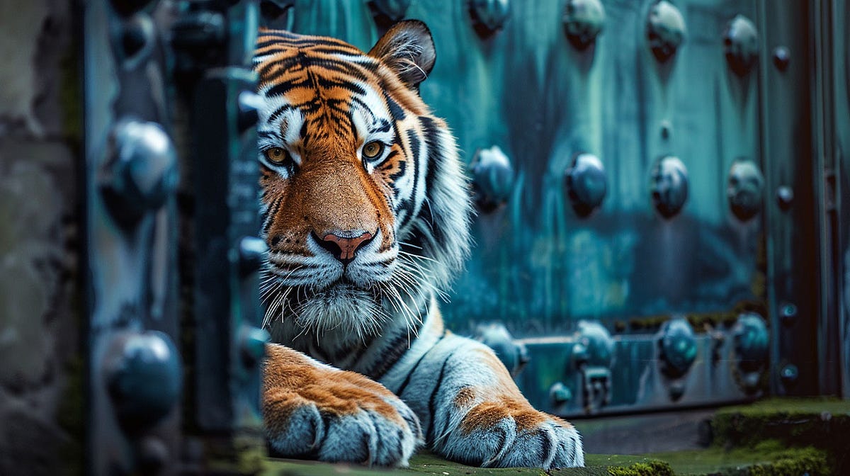 A vigilant tiger lying in front of an ornate door adorned with skull decorations, symbolizing the robust security and watchfu