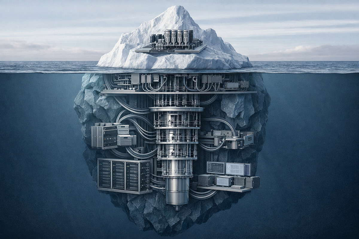 Conceptual iceberg illustration showing qubits as a small visible component and classical control systems as the larger hidden infrastructure.