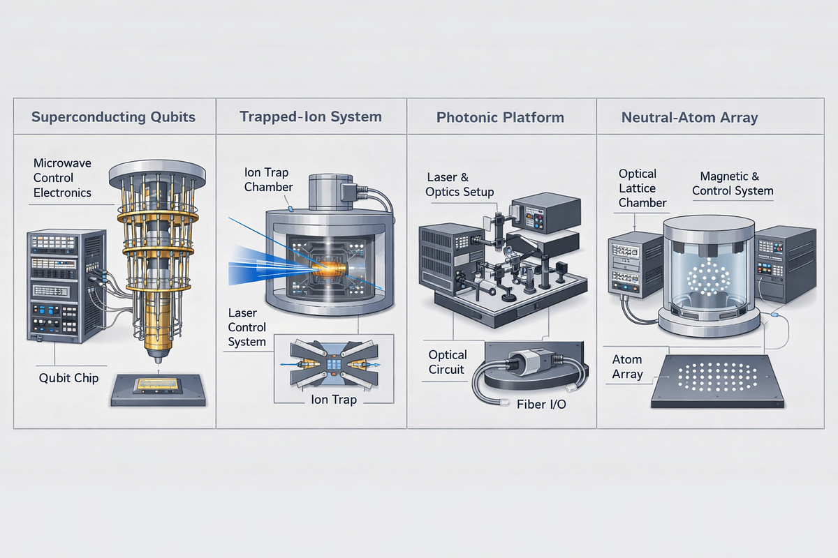 Comparison of different quantum computing system architectures including superconducting, trapped-ion, photonic, and neutral-atom platforms.
