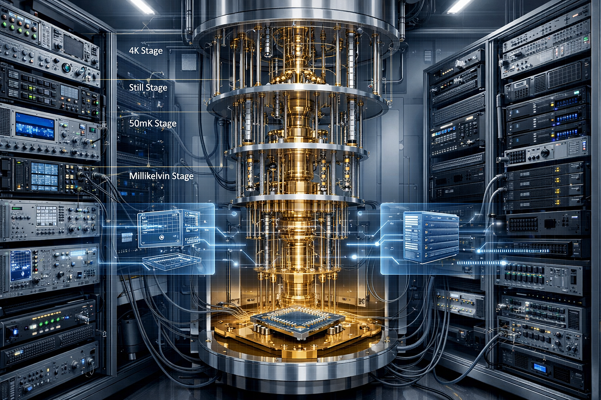 Cross-sectional view of a modern quantum computer showing cryogenic refrigerator, quantum chip, and surrounding classical control electronics in a lab.