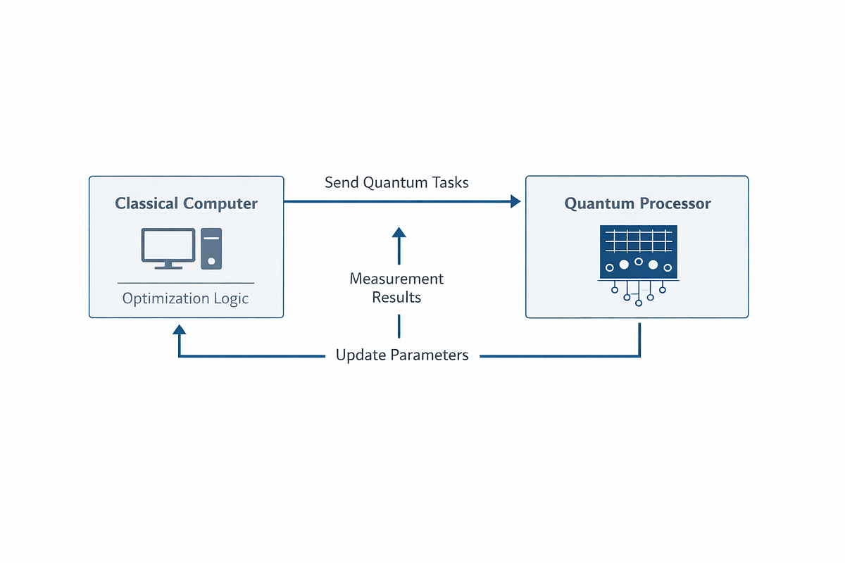Hybrid quantum–classical workflow illustrating how classical computers coordinate, execute, and refine quantum computations.