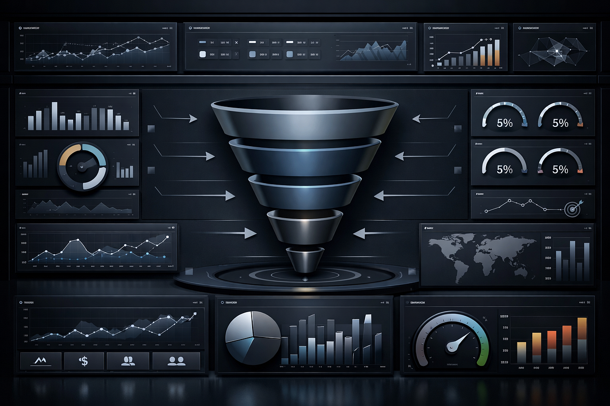 Conversion optimization command center displaying funnel stages and performance metrics.