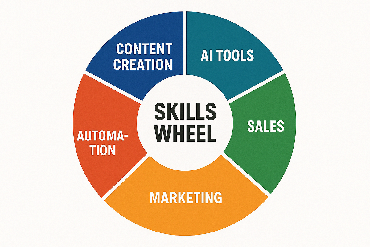 “Graphic wheel illustrating essential digital skills for building online income.”