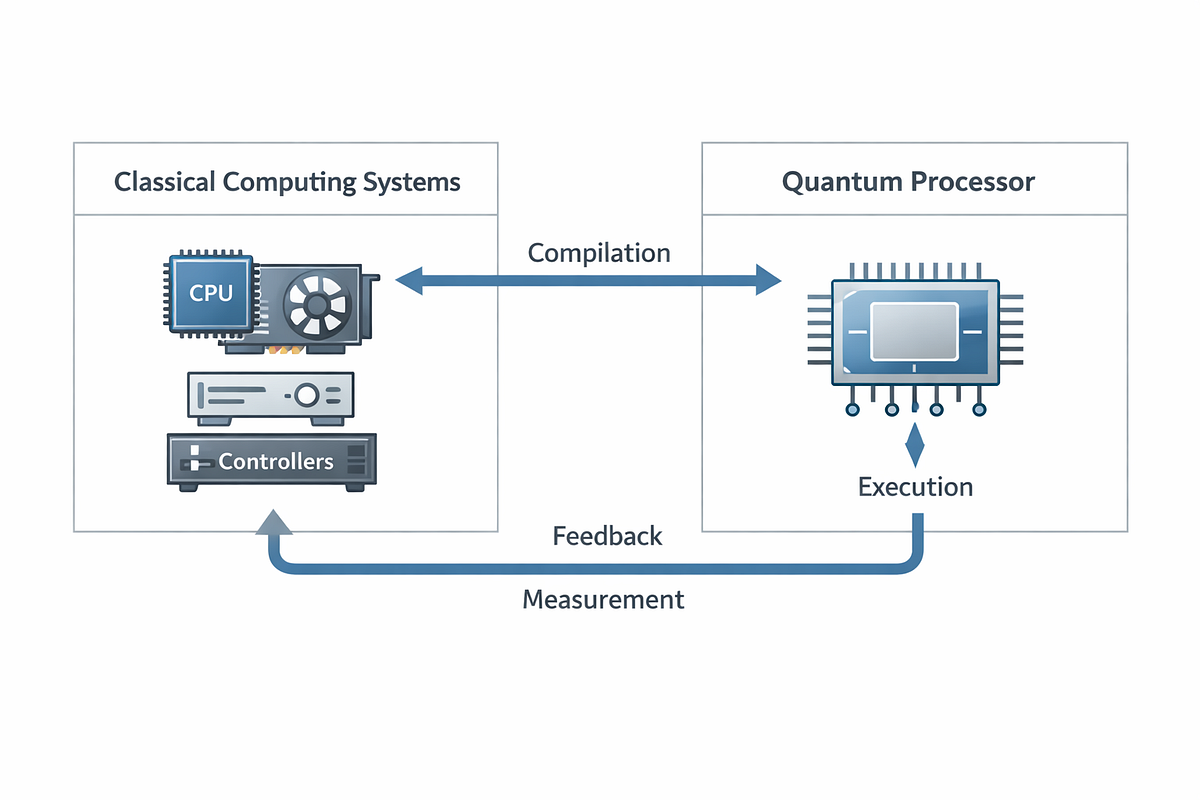 Diagram illustrating classical–quantum integration, showing how classical computers compile, control, and process results from a quantum processor.