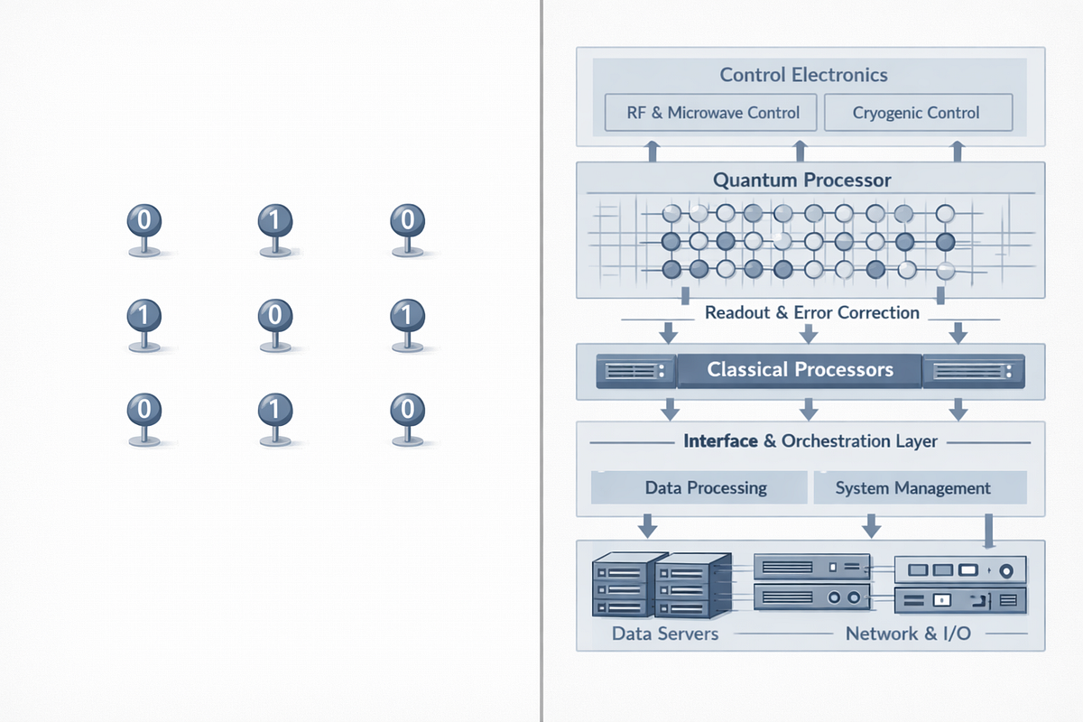 “Comparison between isolated qubit arrays and a full quantum computing system architecture emphasizing system-level scalability.”