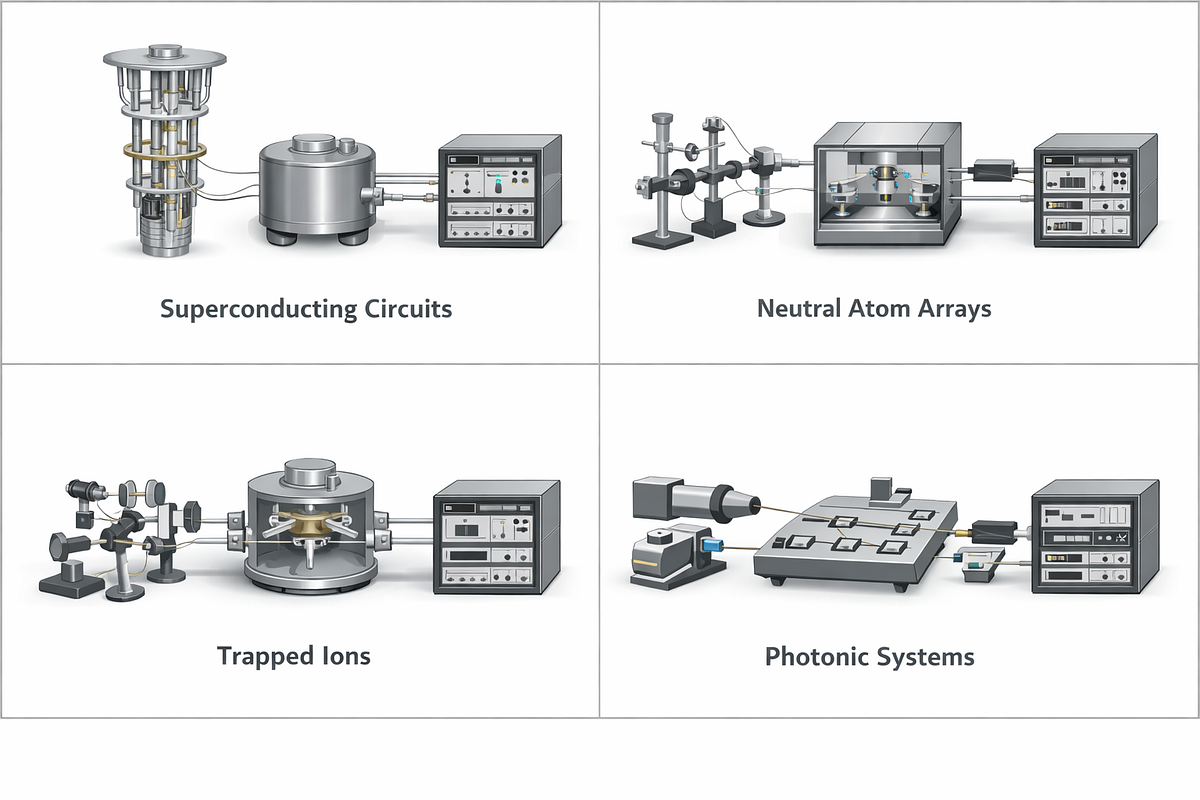 System-level comparison of superconducting, neutral atom, trapped-ion, and photonic quantum computing architectures.