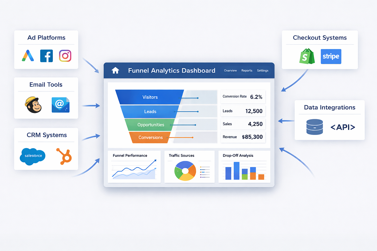 Centralized funnel performance dashboard combining traffic, leads, and revenue data in one view.