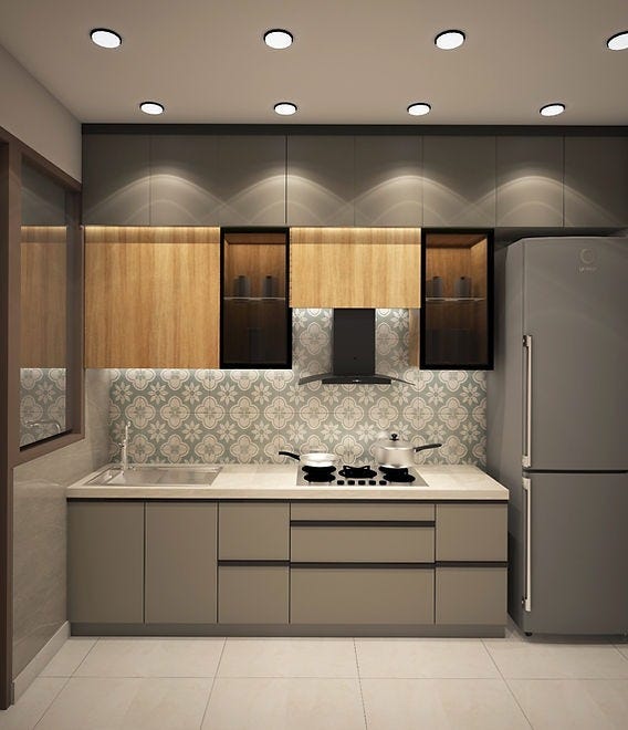 A sleek modular kitchen with matte grey cabinets, wooden overhead storage, patterned tile backsplash, and ambient spot lighting — expertly designed by ArchitectsHive, the best interior designer in Gurugram. This functional and stylish setup reflects the craftsmanship of an interior designer in Gurugram, with thoughtful detailing by interior decorators in Gurugram for a refined cooking experience.